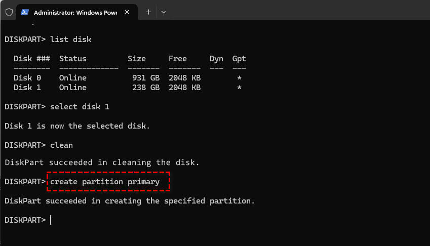 Creating a new partition using CMD