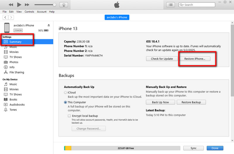 remove screen lock on iphone via itunes