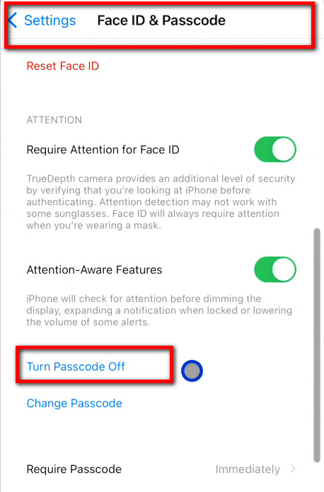 remove screen lock on iphone via settings